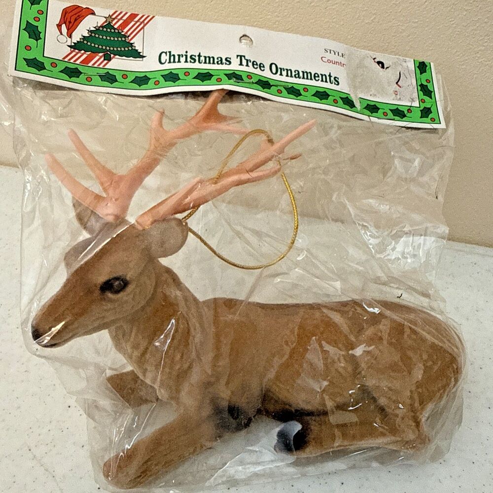 2 Vintage Brown Flocked Plastic Buck Reindeer Original Package Christmas Decor